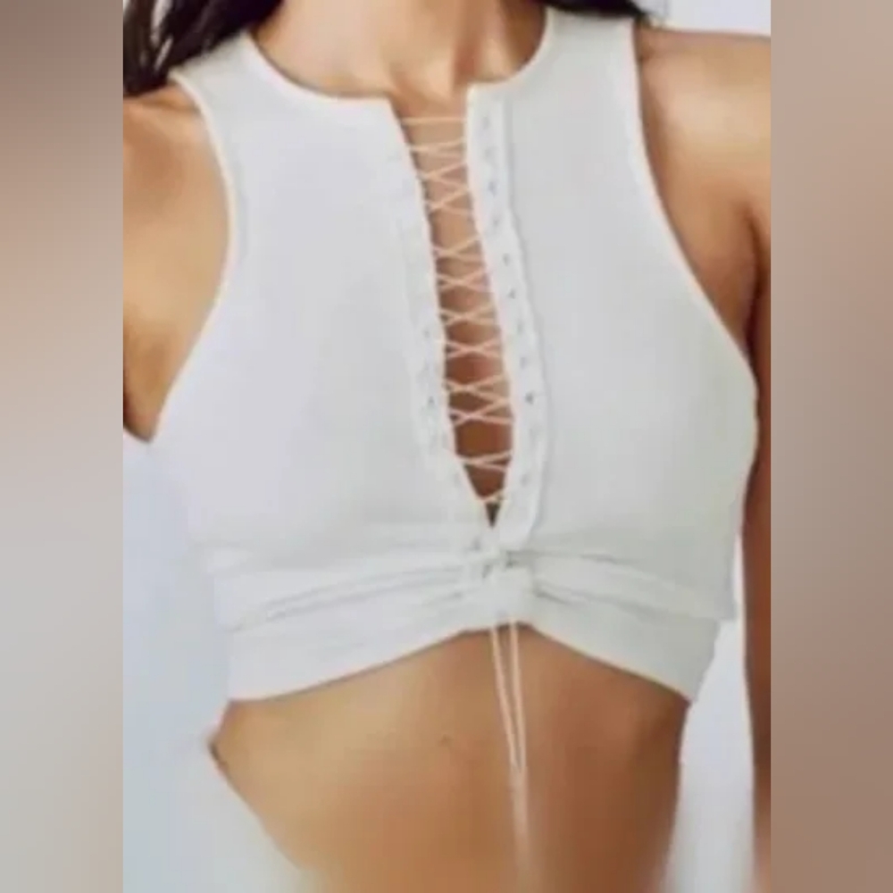 Joah Brown Lace Up Crop Tank White Size S/M Gently Used - Picture 4 of 9